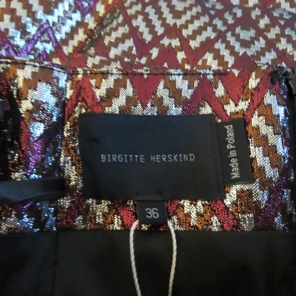 BIRGITTE HERSKIND Silver Red Metallic Brocade Ruched April Skirt - Size US 6 - Picture 14 of 15